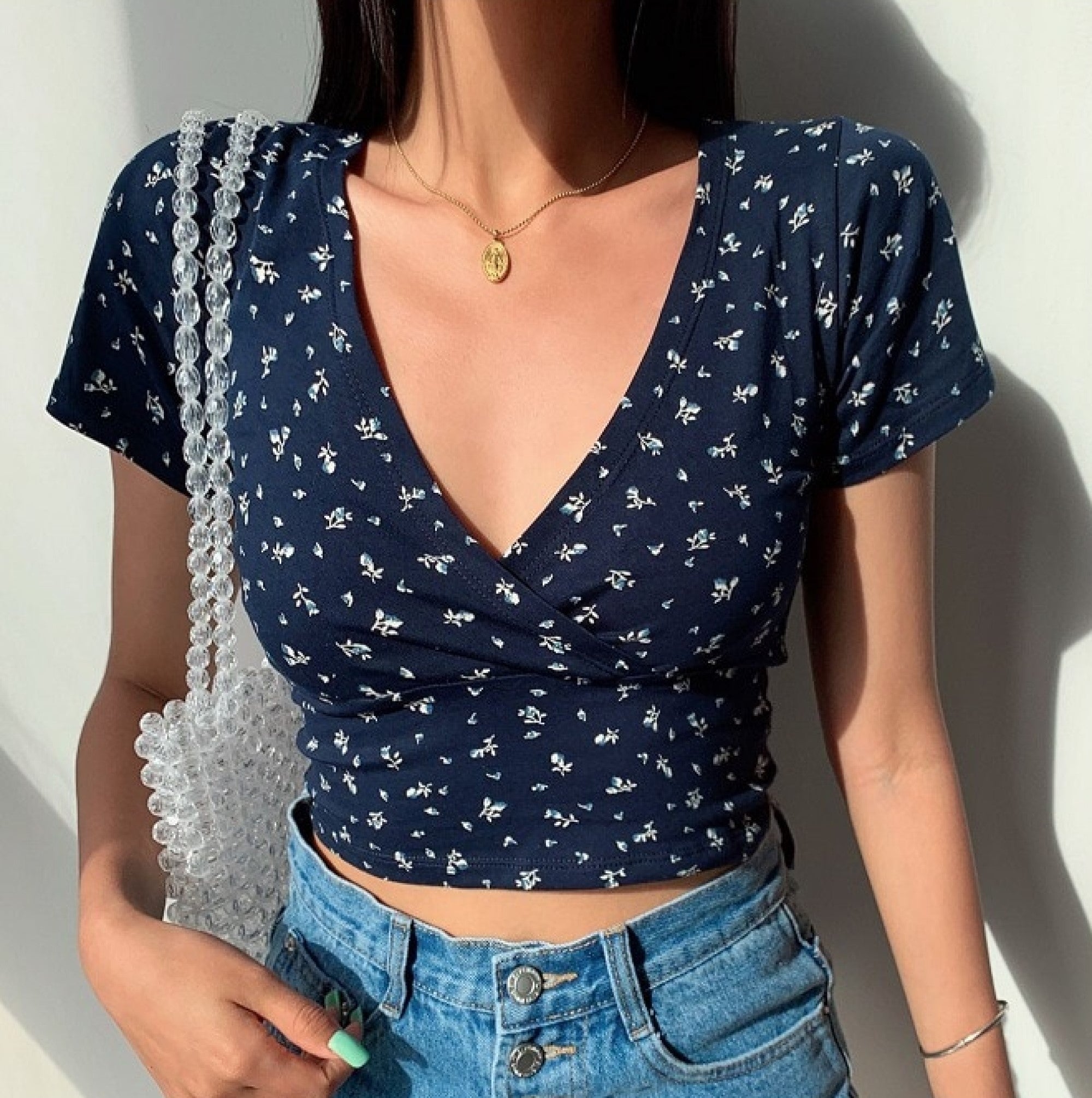 Floral V-Neck Women's Cross Crop Top-Kawaii Dream