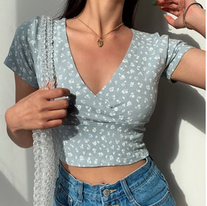 Floral V-Neck Women's Cross Crop Top-Kawaii Dream