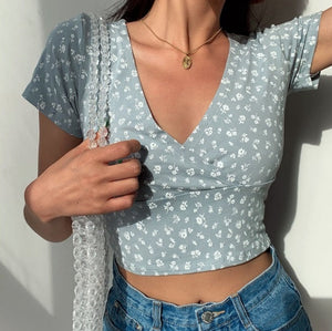 Floral V-Neck Women's Cross Crop Top-Kawaii Dream