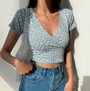 Floral V-Neck Women's Cross Crop Top-Kawaii Dream