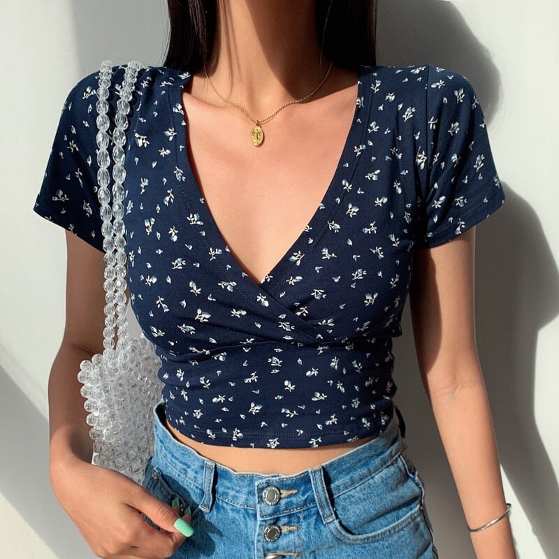 Floral V-Neck Women's Cross Crop Top-Kawaii Dream