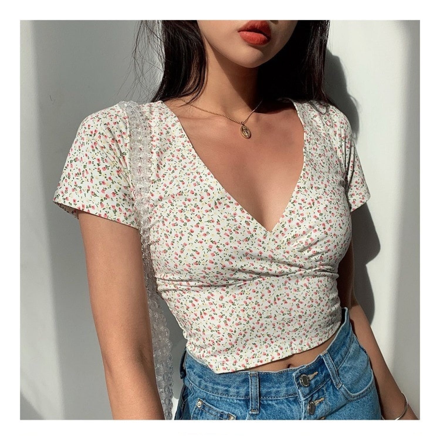 Floral V-Neck Women's Cross Crop Top-Kawaii Dream