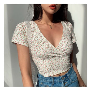 Floral V-Neck Women's Cross Crop Top-Kawaii Dream