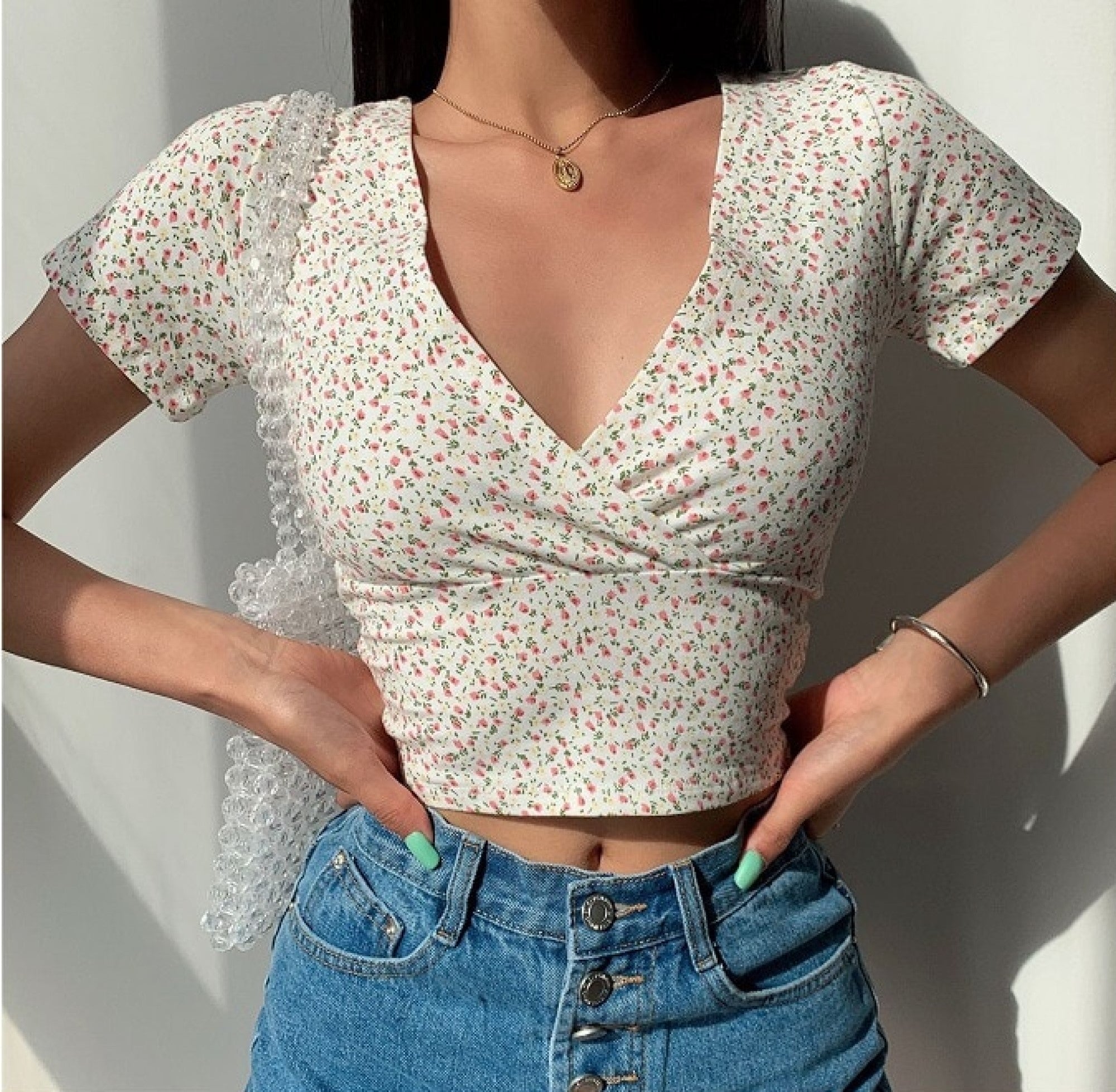 Floral V-Neck Women's Cross Crop Top-Kawaii Dream