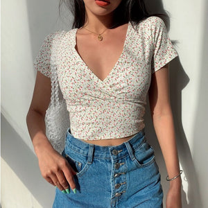 Floral V-Neck Women's Cross Crop Top-Kawaii Dream