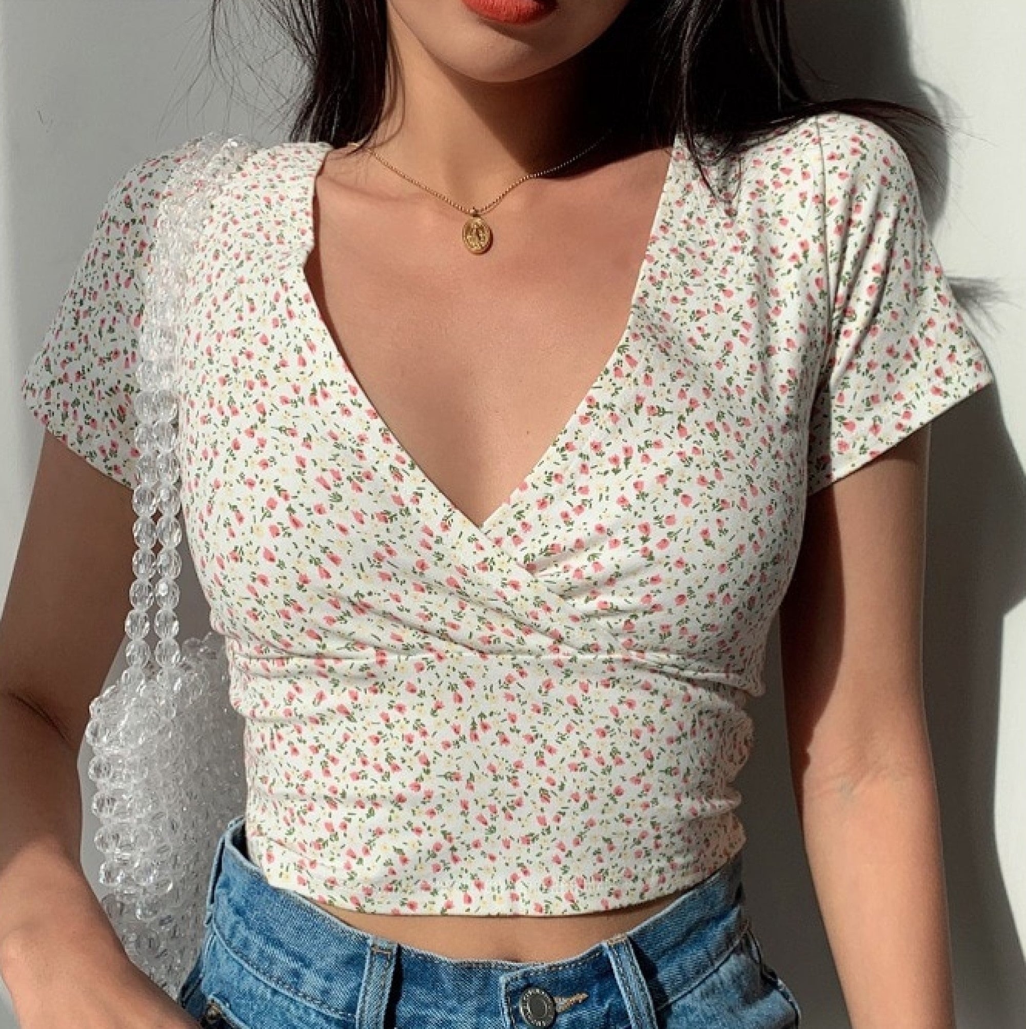 Floral V-Neck Women's Cross Crop Top-Kawaii Dream