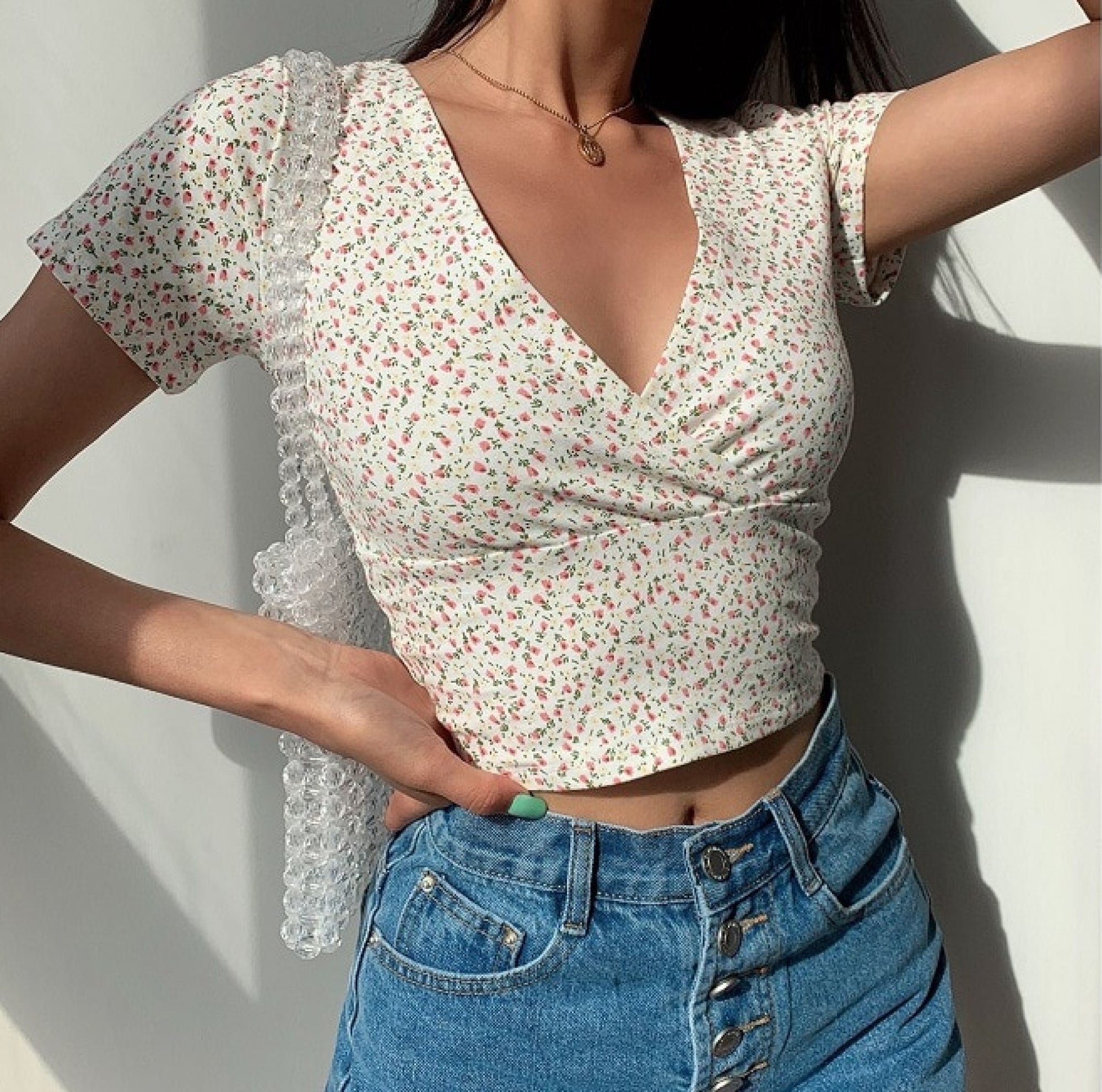 Floral V-Neck Women's Cross Crop Top-Kawaii Dream