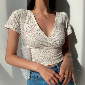 Floral V-Neck Women's Cross Crop Top-Kawaii Dream