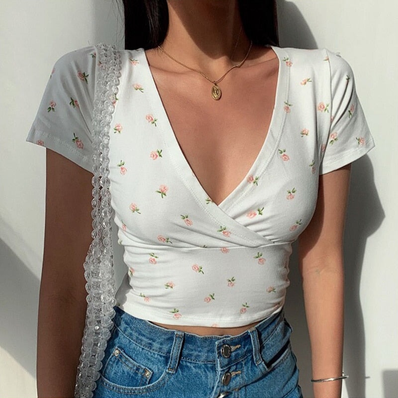 Floral V-Neck Women's Cross Crop Top-Kawaii Dream