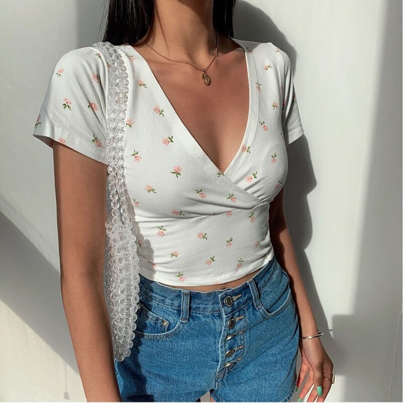 Floral V-Neck Women's Cross Crop Top-Kawaii Dream