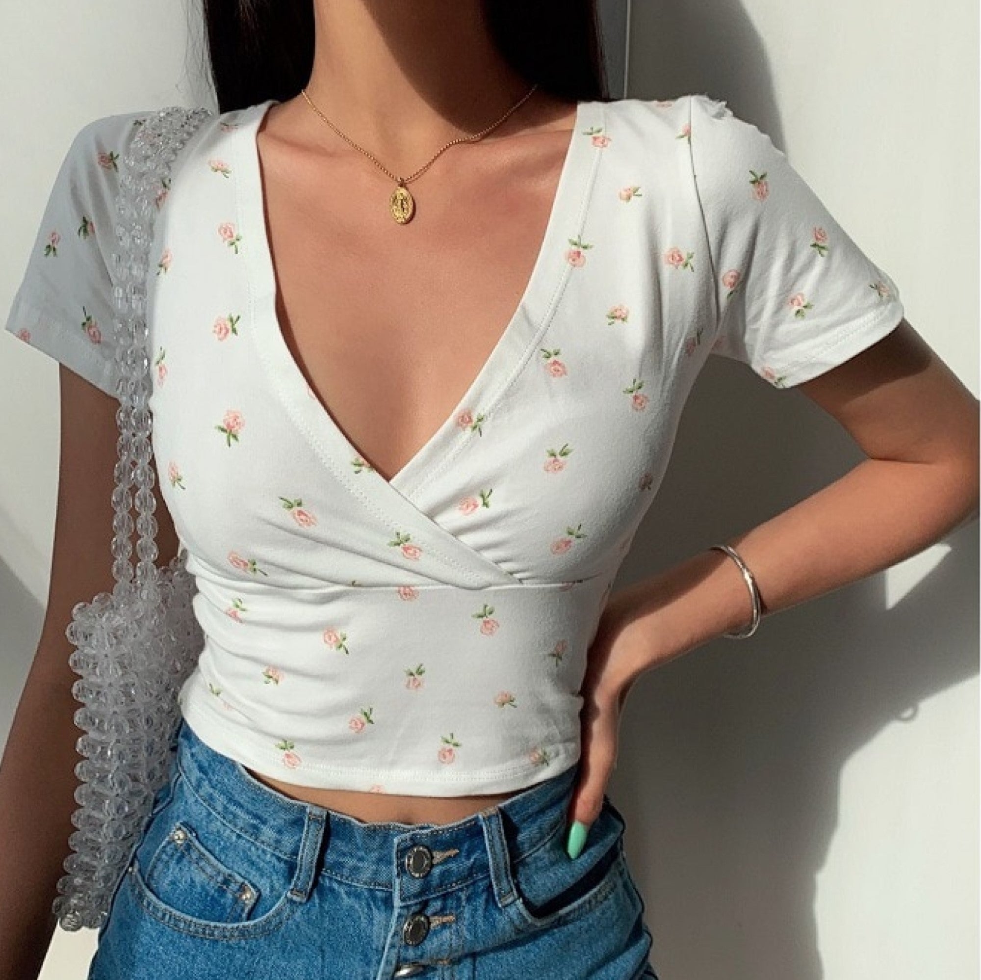 Floral V-Neck Women's Cross Crop Top-Kawaii Dream