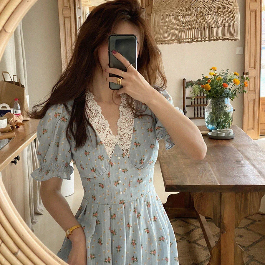 Floral Vintage Lace Cottage Dress-Kawaii Dream
