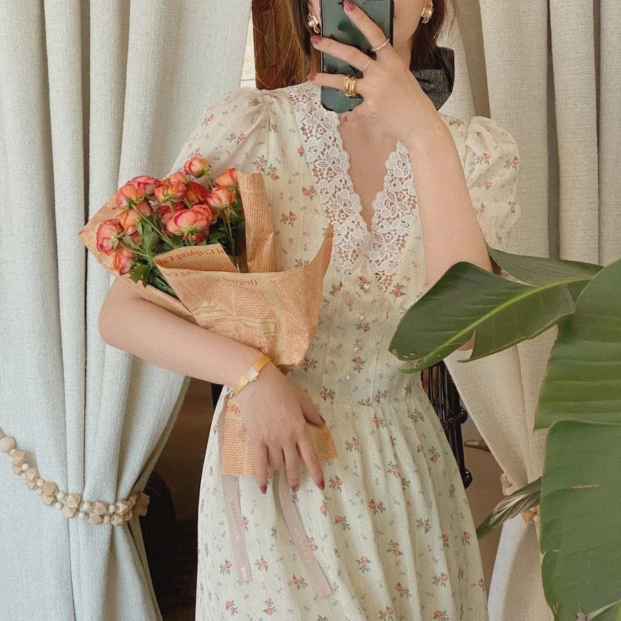 Floral Vintage Lace Cottage Dress-Kawaii Dream