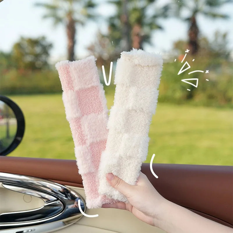 Fluffy Checkered Plush Car Seat Belt Cover Shoulder Strap Accessory-Kawaii Dream