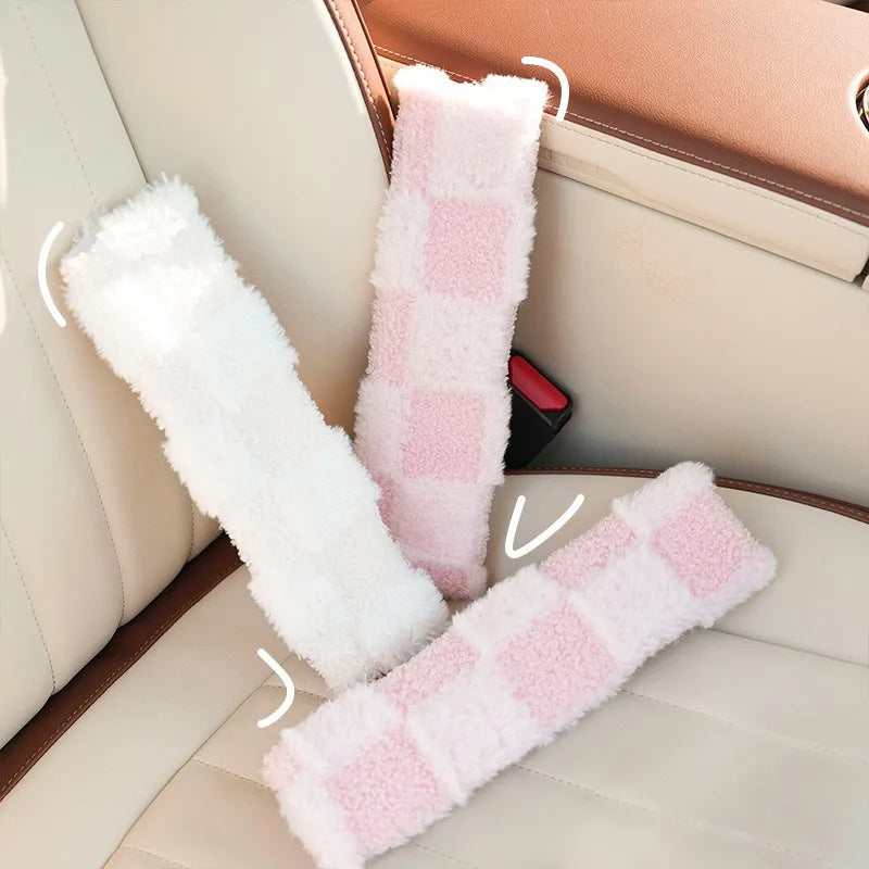 Fluffy Checkered Plush Car Seat Belt Cover Shoulder Strap Accessory-Kawaii Dream