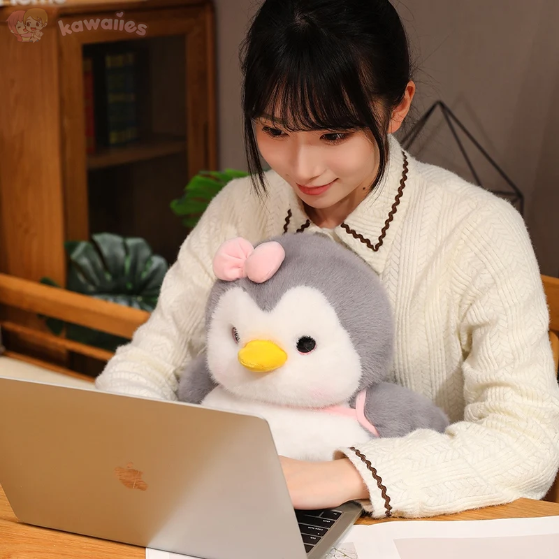 Fluffy Gray Penguin Plushie with Turtle Backpack-Kawaii Dream