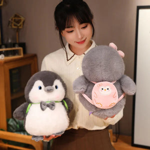 Fluffy Gray Penguin Plushie with Turtle Backpack-Kawaii Dream