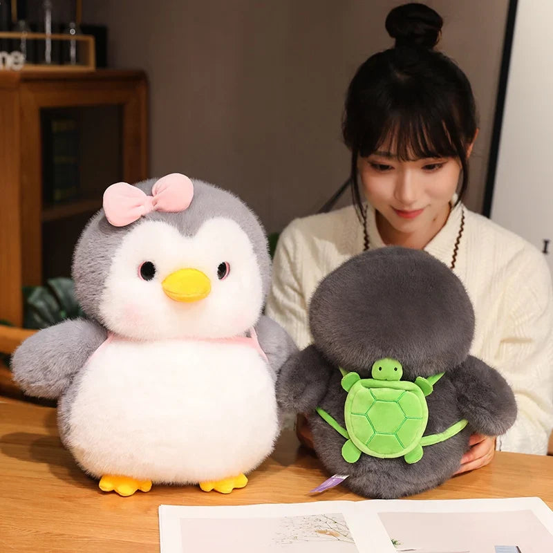 Fluffy Gray Penguin Plushie with Turtle Backpack-Kawaii Dream
