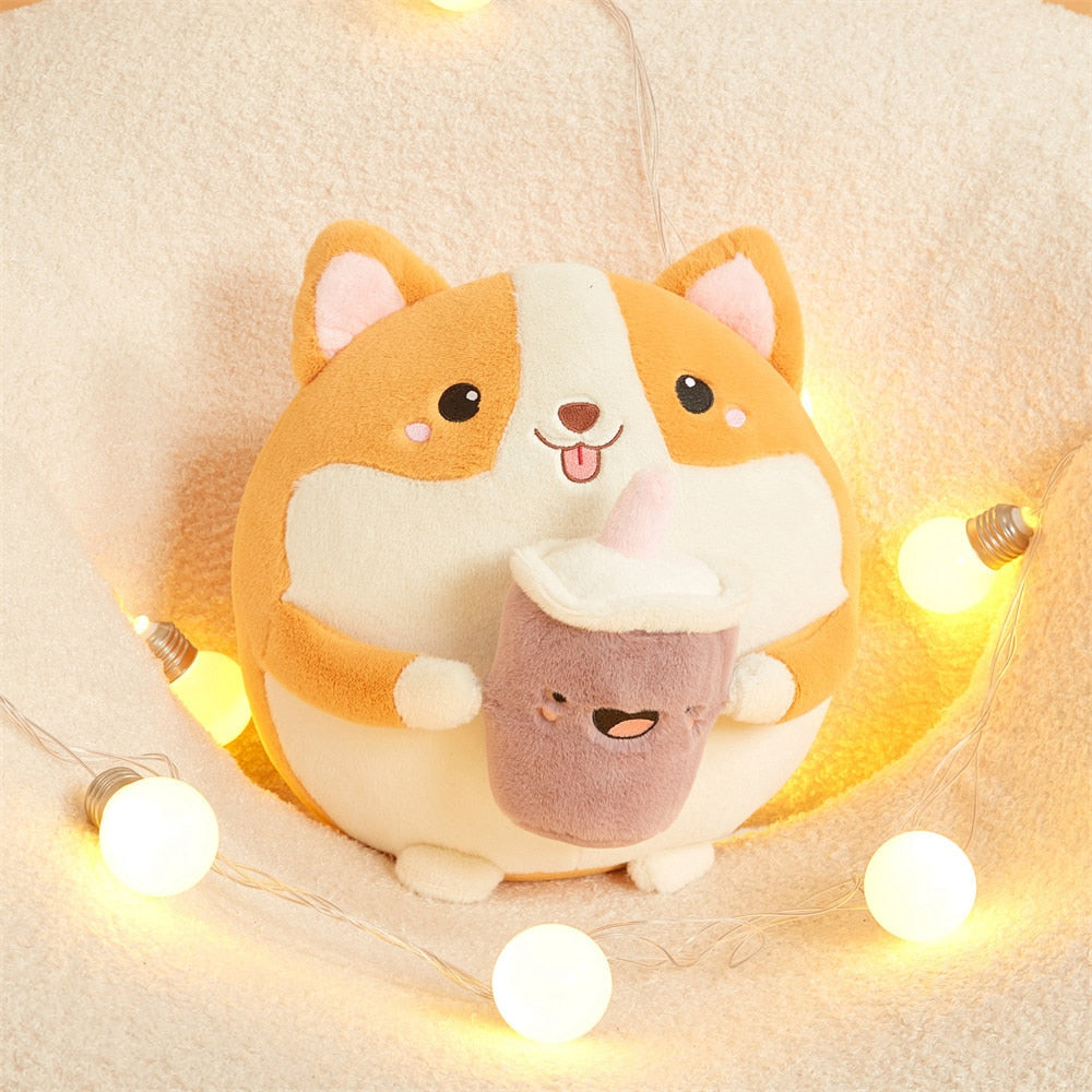 Fluffy Round Chubby Corgi Bubble Tea Plushie-Kawaii Dream