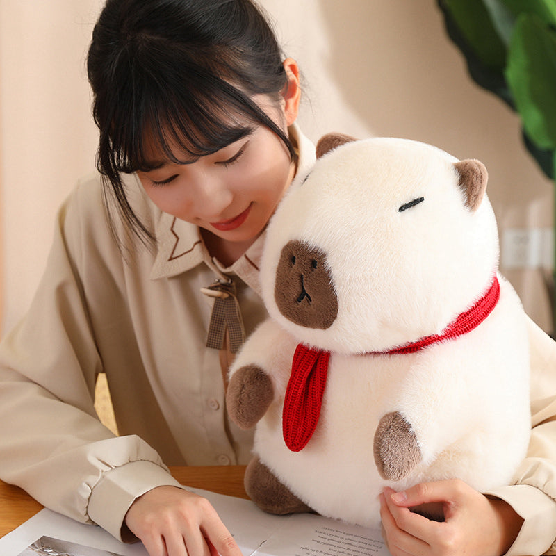Fluffy White Brown Capybara with Scarf Plushie-Kawaii Dream