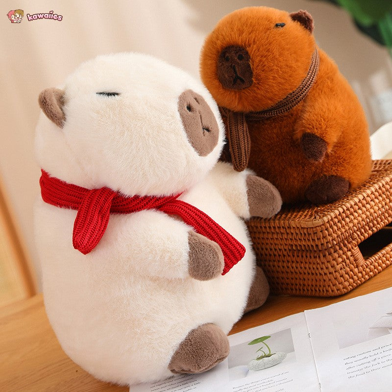 Fluffy White Brown Capybara with Scarf Plushie-Kawaii Dream