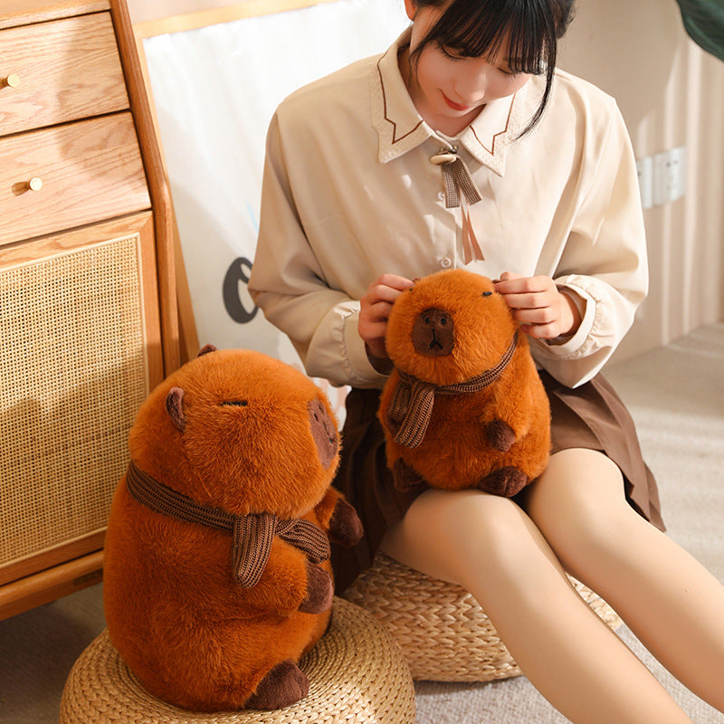 Fluffy White Brown Capybara with Scarf Plushie-Kawaii Dream