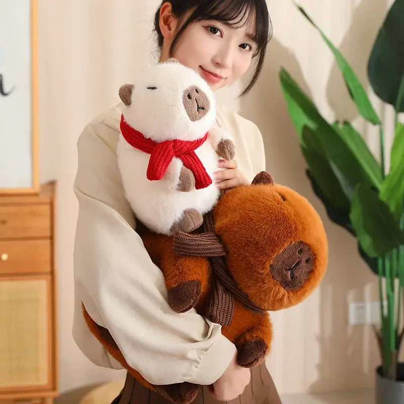 Fluffy White Brown Capybara with Scarf Plushie-Kawaii Dream