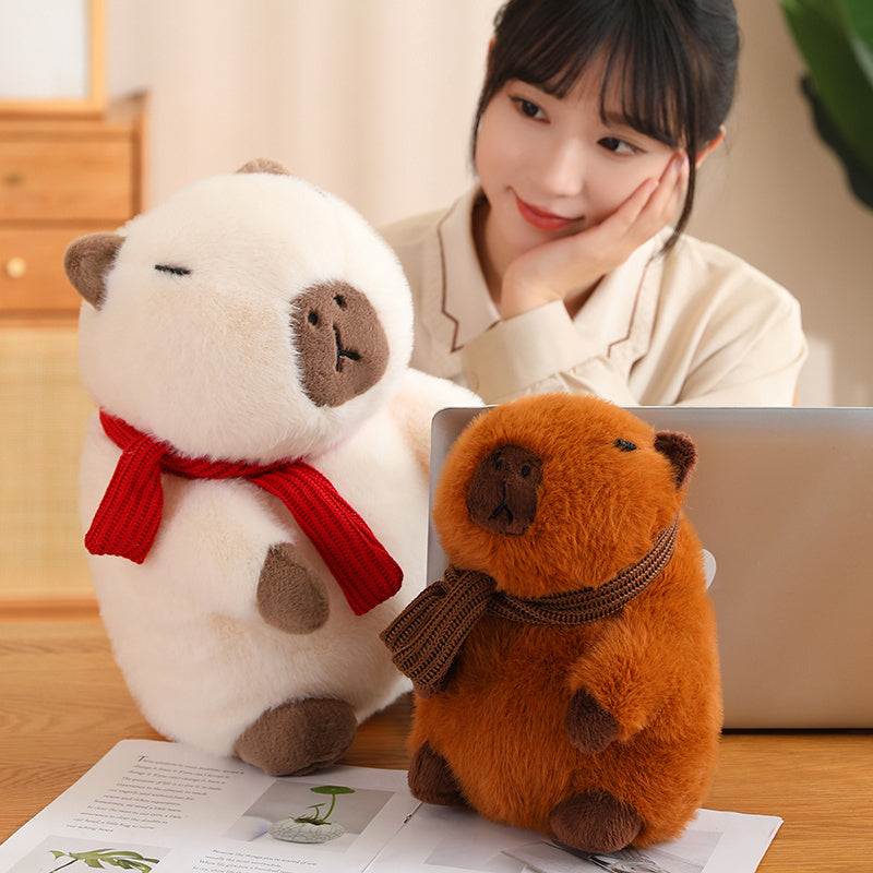 Fluffy White Brown Capybara with Scarf Plushie-Kawaii Dream