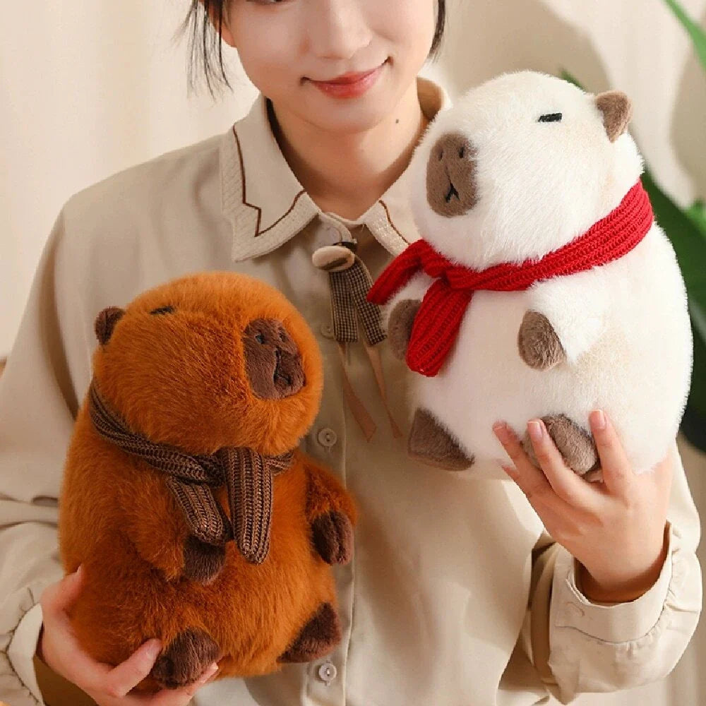 Fluffy White Brown Capybara with Scarf Plushie-Kawaii Dream