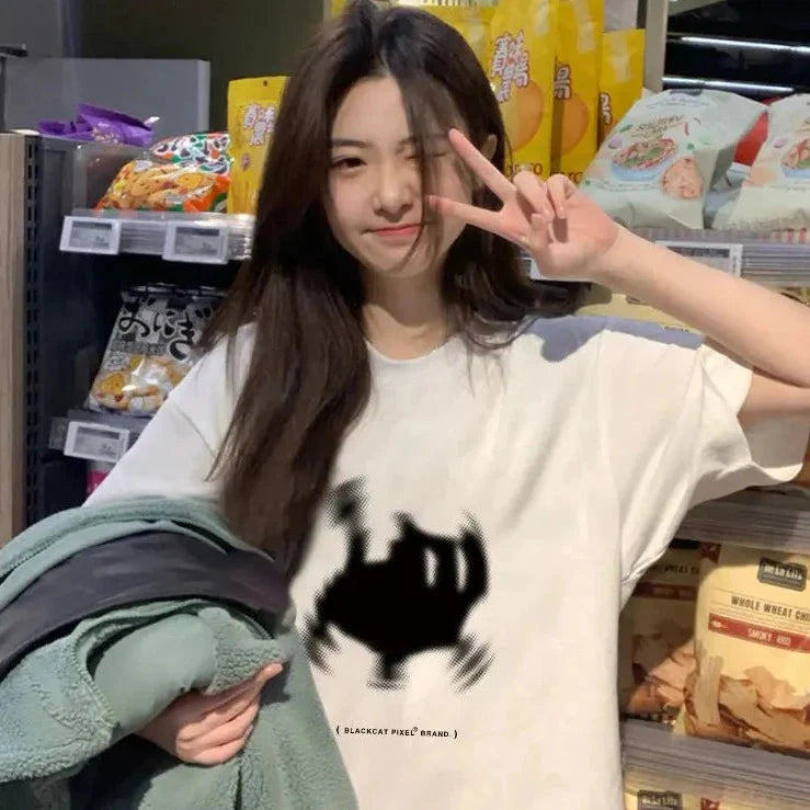 Fuzzy Black Cat White Women's Tee-Kawaii Dream