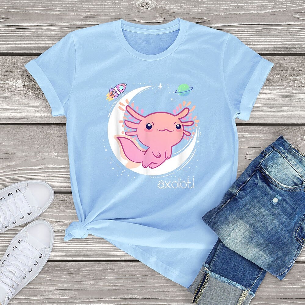 Galaxy Axolotl Landing on the Moon Cotton Tee-Kawaii Dream