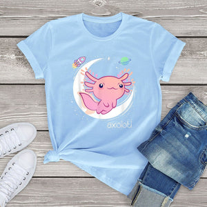 Galaxy Axolotl Landing on the Moon Cotton Tee-Kawaii Dream
