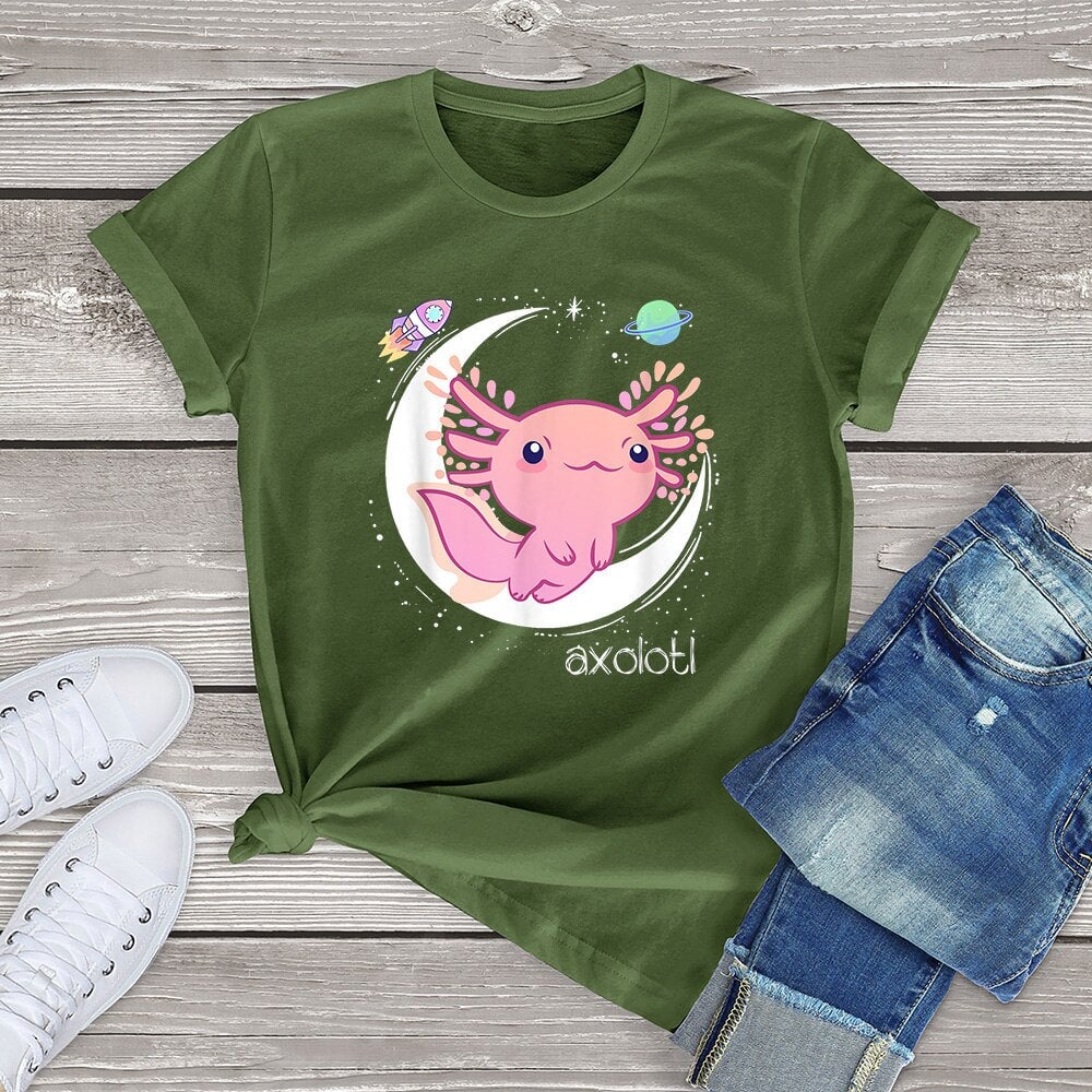 Galaxy Axolotl Landing on the Moon Cotton Tee-Kawaii Dream