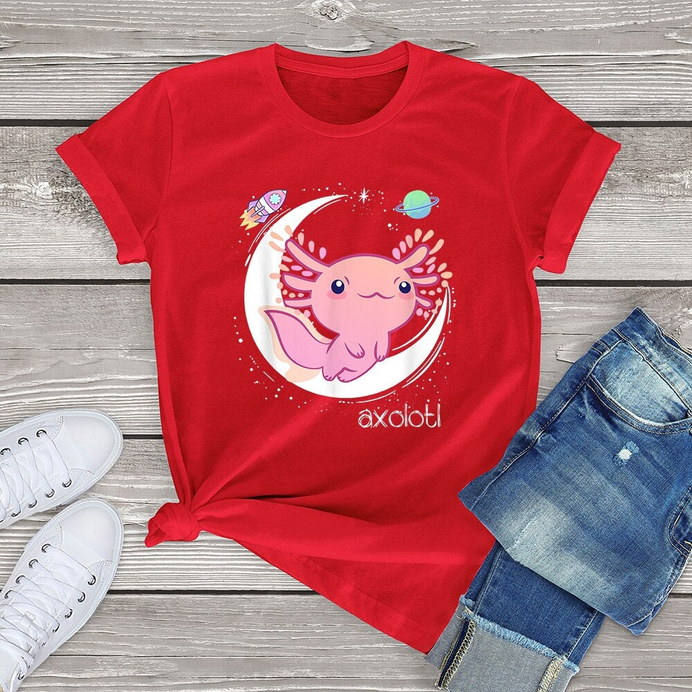 Galaxy Axolotl Landing on the Moon Cotton Tee-Kawaii Dream