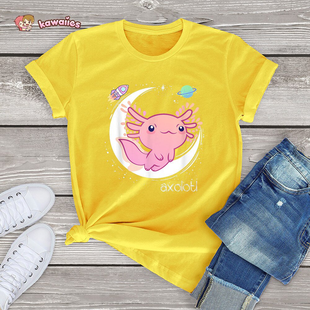 Galaxy Axolotl Landing on the Moon Cotton Tee-Kawaii Dream