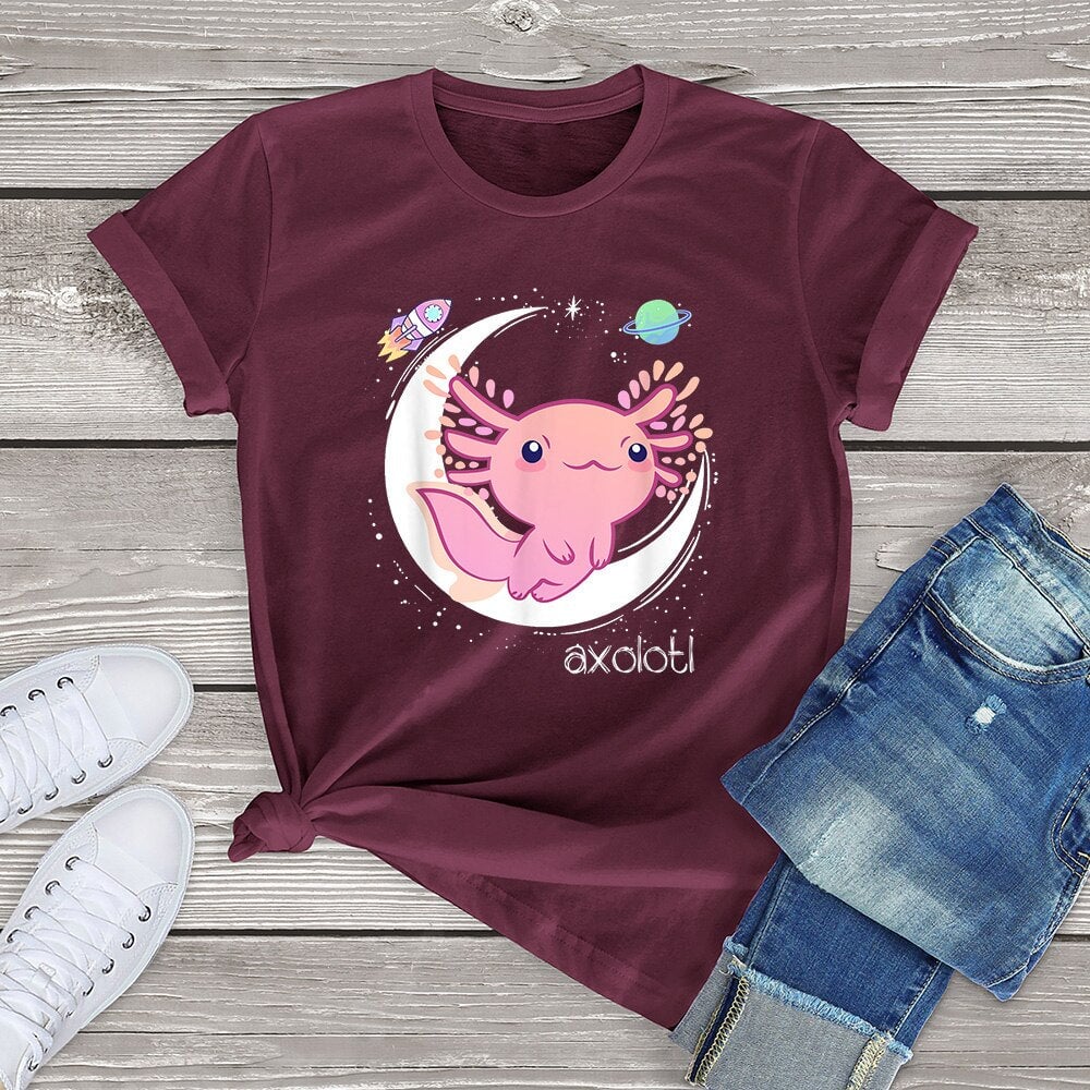 Galaxy Axolotl Landing on the Moon Cotton Tee-Kawaii Dream