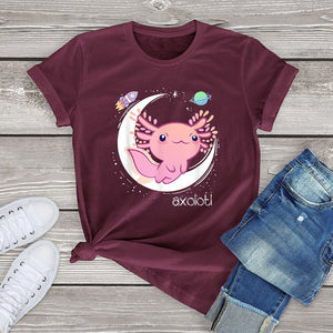 Galaxy Axolotl Landing on the Moon Cotton Tee-Kawaii Dream