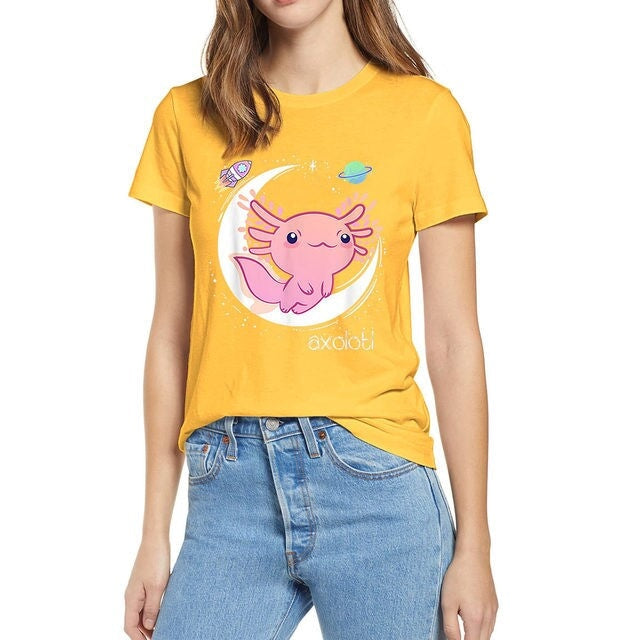 Galaxy Axolotl Landing on the Moon Cotton Tee-Kawaii Dream