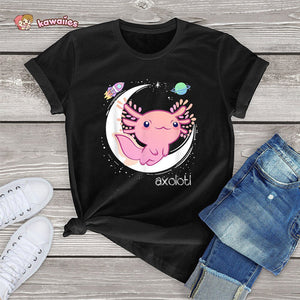 Galaxy Axolotl Landing on the Moon Cotton Tee-Kawaii Dream