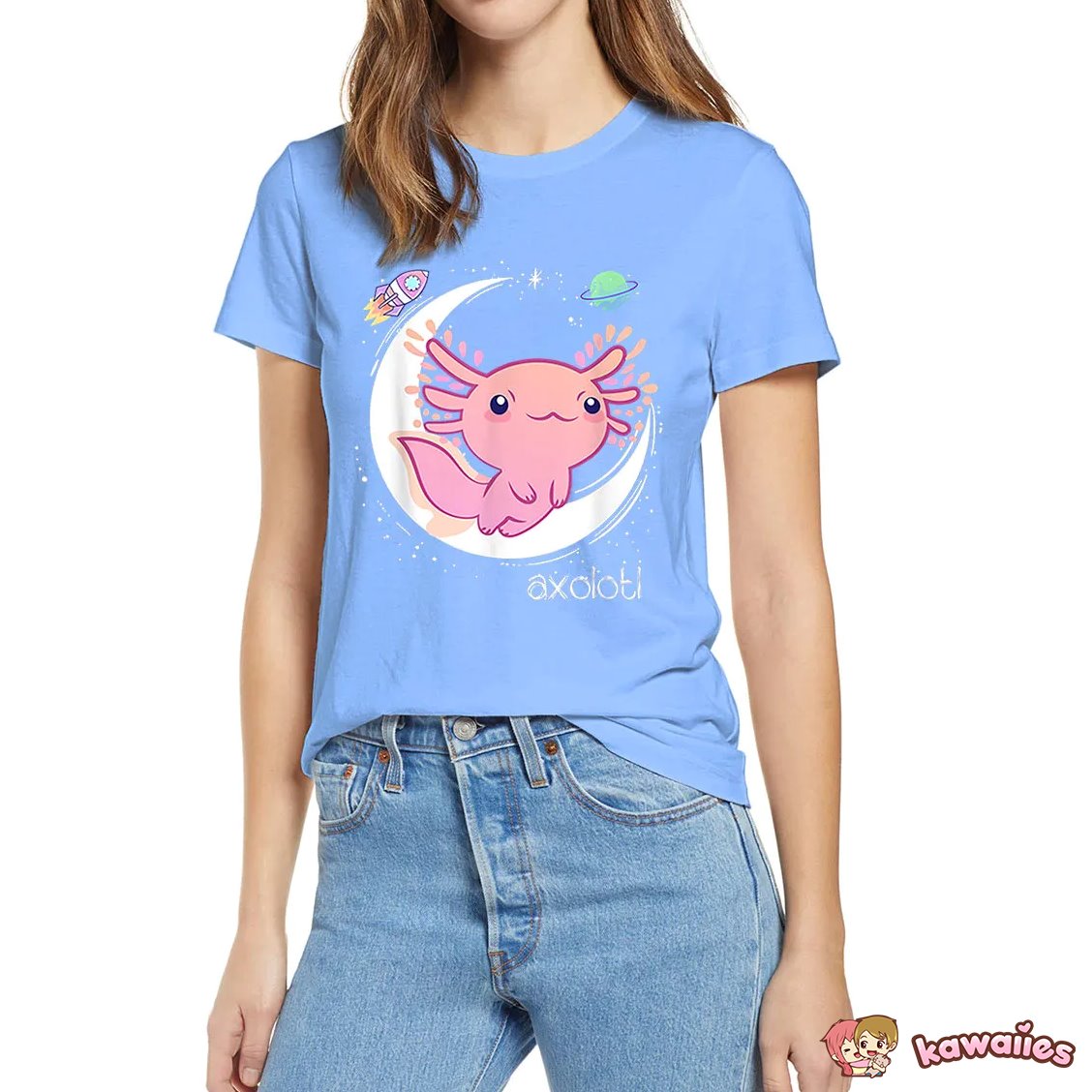 Galaxy Axolotl Landing on the Moon Cotton Tee-Kawaii Dream