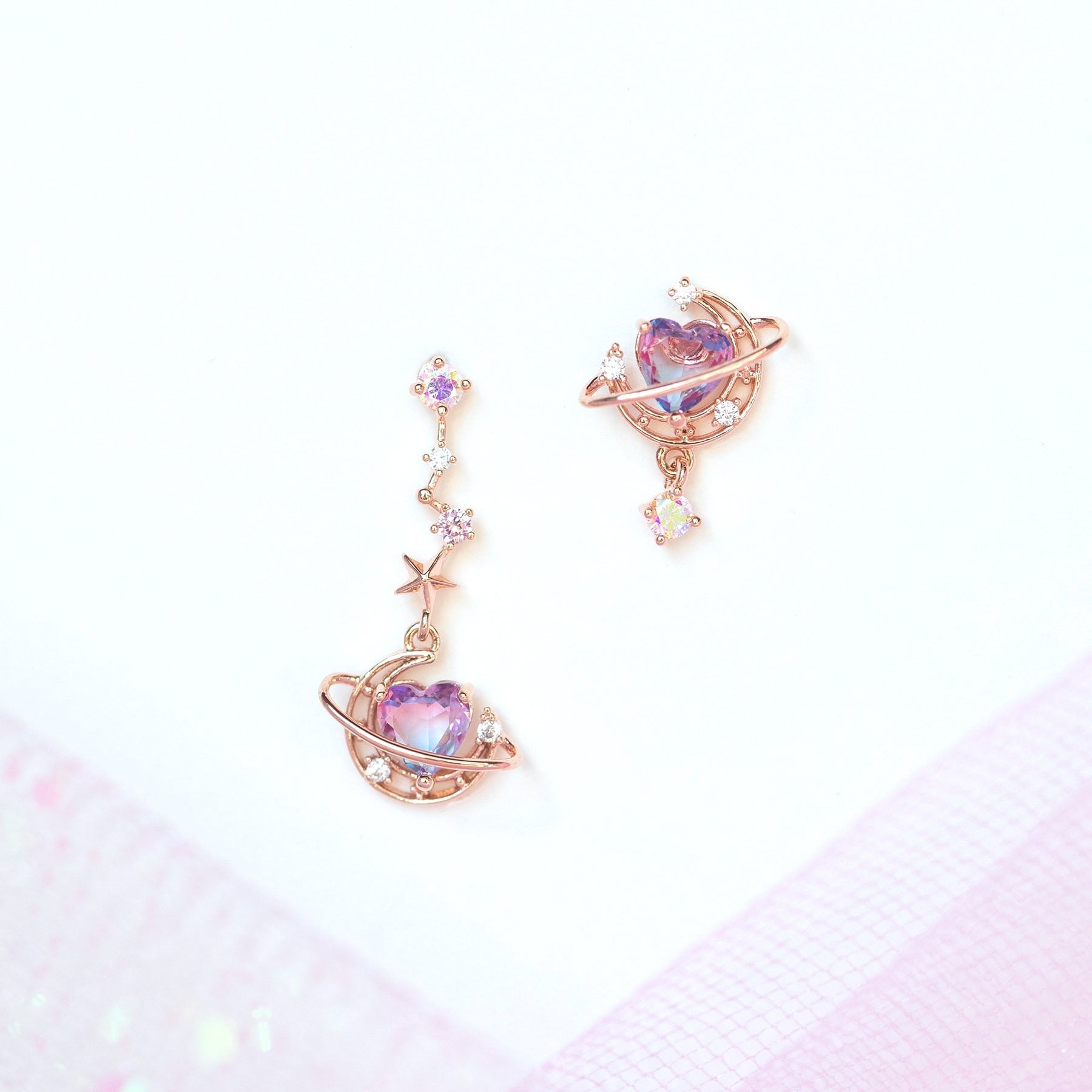 Galaxy Moon Heart Gold-Plated Asymmetric Stud Earrings-Kawaii Dream