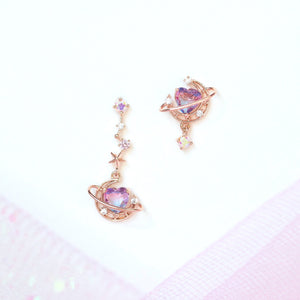 Galaxy Moon Heart Gold-Plated Asymmetric Stud Earrings-Kawaii Dream