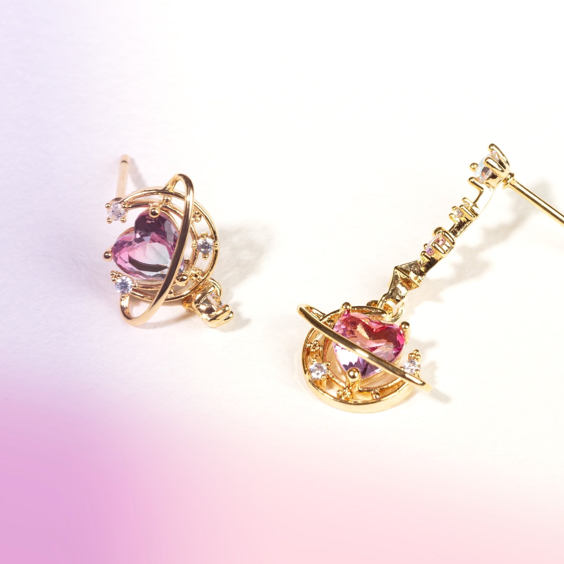Galaxy Moon Heart Gold-Plated Asymmetric Stud Earrings-Kawaii Dream