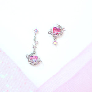 Galaxy Moon Heart Gold-Plated Asymmetric Stud Earrings-Kawaii Dream