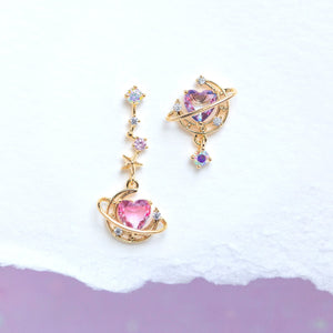 Galaxy Moon Heart Gold-Plated Asymmetric Stud Earrings-Kawaii Dream