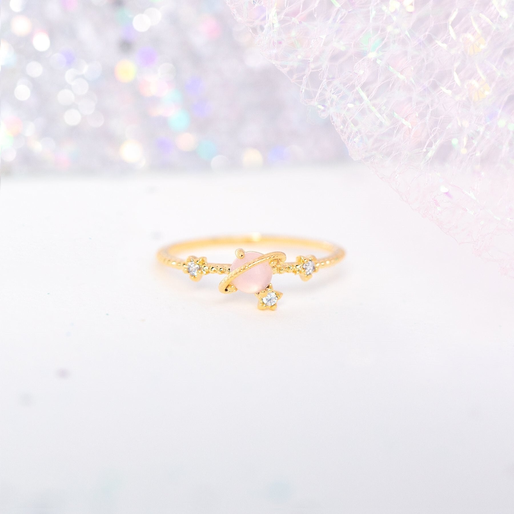 Galaxy Pink Planet Gold-plated Ring-Kawaii Dream