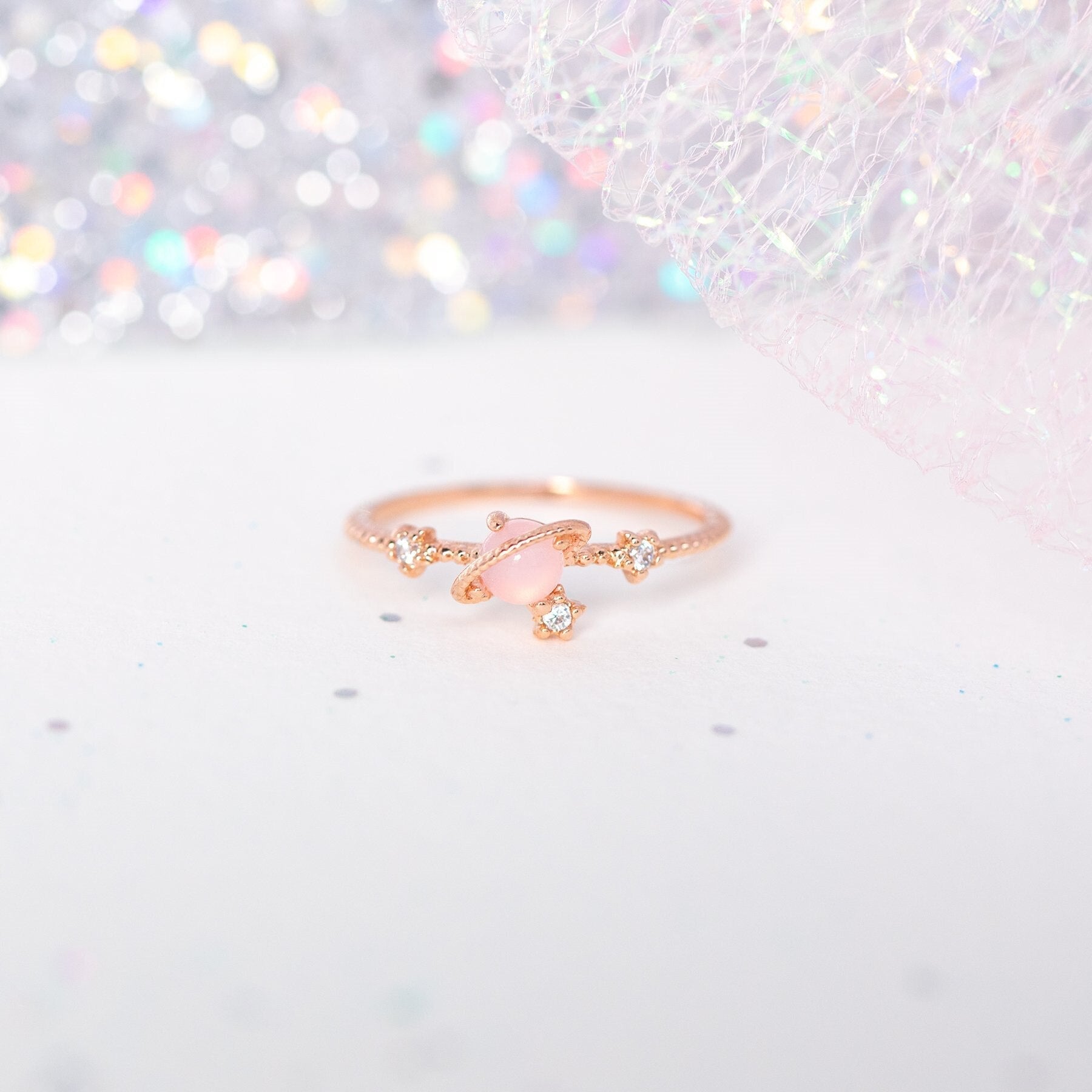 Galaxy Pink Planet Gold-plated Ring-Kawaii Dream