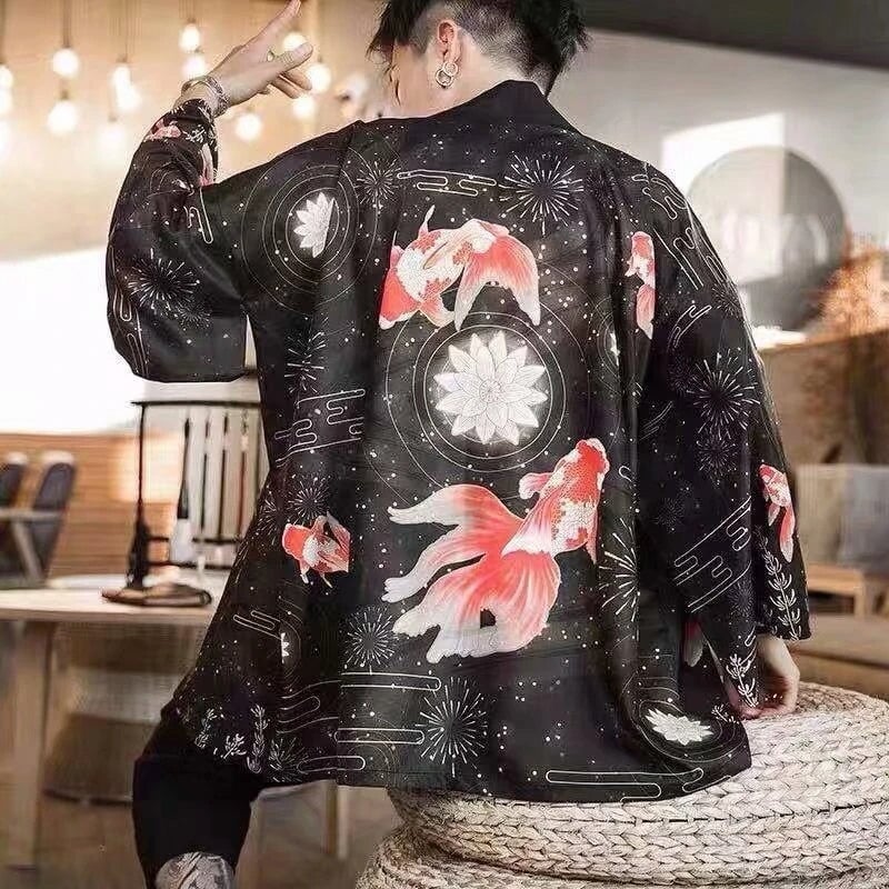 Golden Koi and Japanese Crane Men Kimono-Kawaii Dream