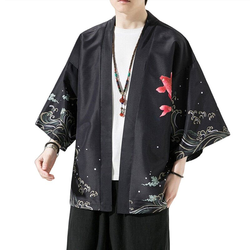 Golden Koi and Japanese Crane Men Kimono-Kawaii Dream