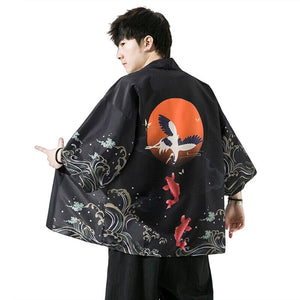Golden Koi and Japanese Crane Men Kimono-Kawaii Dream